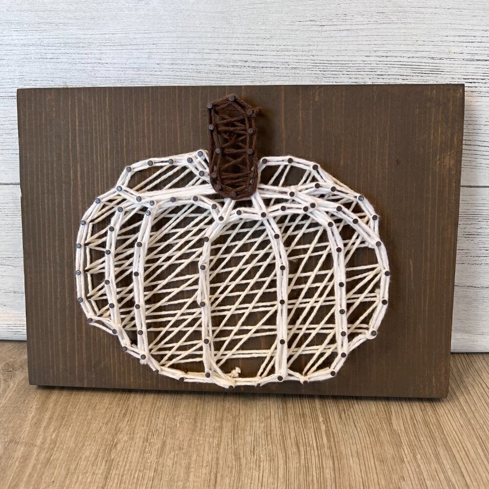 Pumpkin String Art w/ Nails on Wood Plaque Fall Autumn Primitive Folk Art Decor
